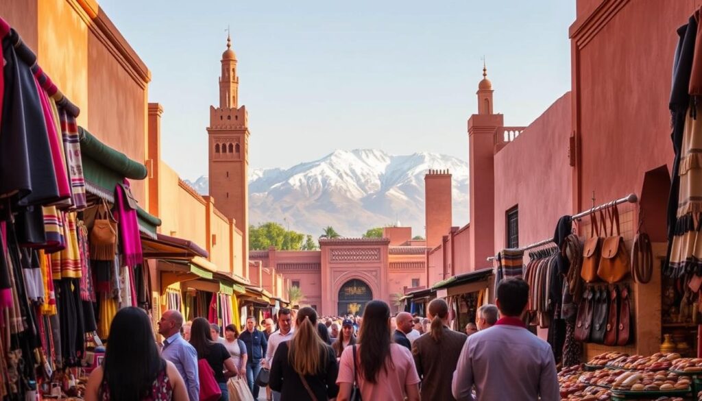 A bustling Moroccan marketplace comes to life, filled with vibrant textiles, intricately crafted leather goods, and the alluring aroma of spices. In the foreground, a group of travelers explore the stalls, guided by a local expert who shares insights into the cultural significance of the wares. The middle ground showcases the iconic architecture of Marrakech, with its towering minarets and ornate doorways. In the background, the snow-capped Atlas Mountains provide a majestic backdrop, hinting at the diverse landscapes awaiting beyond the city. Warm, golden lighting casts a romantic glow, capturing the essence of a customized Moroccan guided tour experience. A bustling Moroccan marketplace comes to life, filled with vibrant textiles, intricately crafted leather goods, and the alluring aroma of spices. In the foreground, a group of travelers explore the stalls, guided by a local expert who shares insights into the cultural significance of the wares. The middle ground showcases the iconic architecture of Marrakech, with its towering minarets and ornate doorways. In the background, the snow-capped Atlas Mountains provide a majestic backdrop, hinting at the diverse landscapes awaiting beyond the city. Warm, golden lighting casts a romantic glow, capturing the essence of a customized Moroccan guided tour experience.