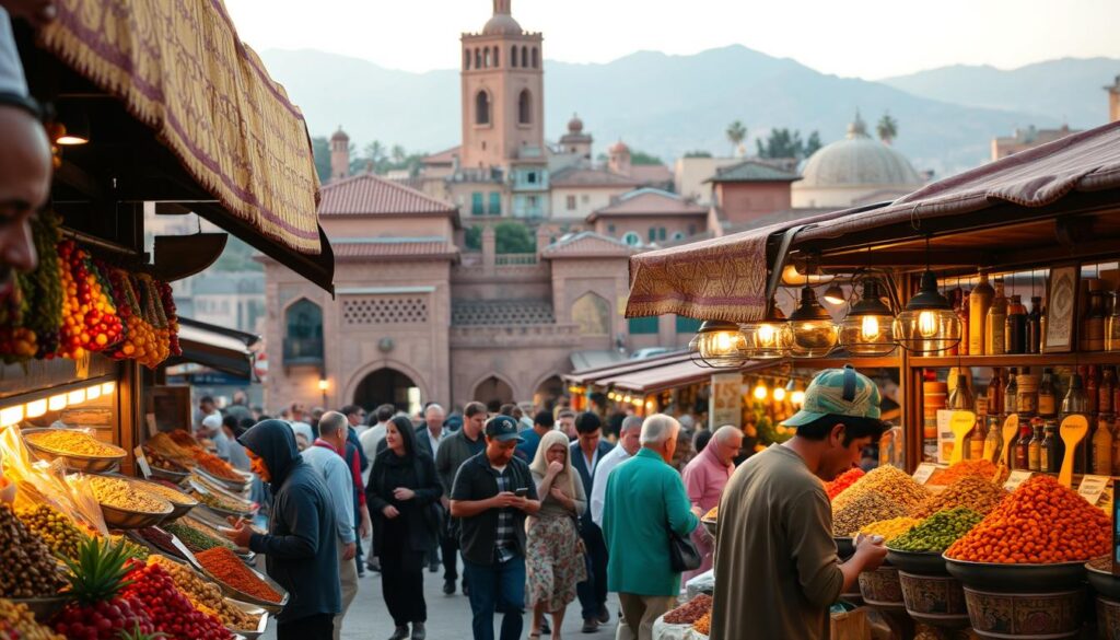 A bustling Moroccan marketplace, vibrant with the sights, sounds, and aromas of culinary delights. In the foreground, a vendor's stall overflows with an array of spices, dried fruits, and fragrant herbs. Intricate patterns adorn the stall's canopy, casting a warm, golden glow over the scene. In the middle ground, locals and travelers alike browse the selection, their faces alight with excitement as they sample the flavors of this rich cultural tapestry. The background is a tapestry of ornate archways, terracotta-tiled roofs, and distant mountains, evoking the timeless elegance of Moroccan architecture. The lighting is soft and diffused, capturing the tranquil yet lively atmosphere of a Moroccan culinary adventure. A bustling Moroccan marketplace, vibrant with the sights, sounds, and aromas of culinary delights. In the foreground, a vendor's stall overflows with an array of spices, dried fruits, and fragrant herbs. Intricate patterns adorn the stall's canopy, casting a warm, golden glow over the scene. In the middle ground, locals and travelers alike browse the selection, their faces alight with excitement as they sample the flavors of this rich cultural tapestry. The background is a tapestry of ornate archways, terracotta-tiled roofs, and distant mountains, evoking the timeless elegance of Moroccan architecture. The lighting is soft and diffused, capturing the tranquil yet lively atmosphere of a Moroccan culinary adventure.