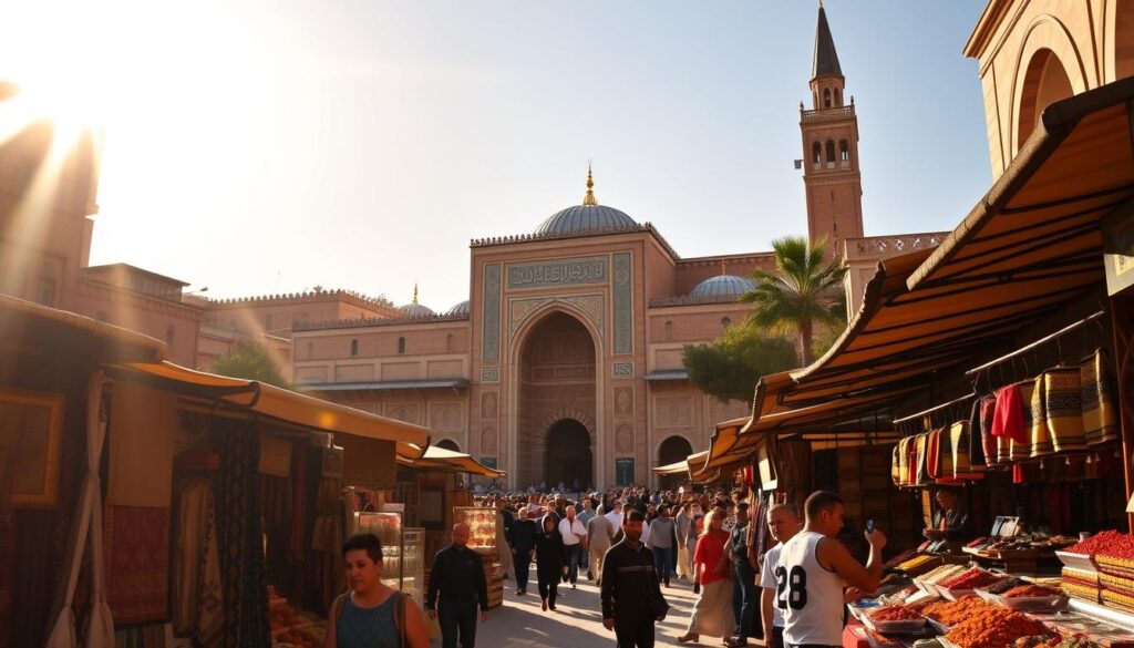 A bustling market square in the historic Fez Medina, Morocco, bathed in warm, golden sunlight. In the foreground, vendors sell vibrant textiles, intricate metalwork, and fragrant spices. The middle ground features the iconic Bou Inania Madrasa, its ornate facade adorned with intricate tilework and calligraphy. In the background, the towering minarets of the Kairaouine Mosque rise, their silhouettes casting long shadows across the scene. The atmosphere is one of reverence and cultural richness, inviting the viewer to explore the ancient, sacred sites of this timeless city.
