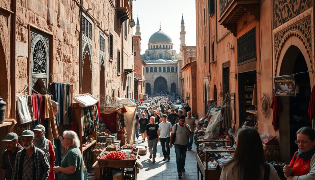 A bustling marketplace in the ancient medina of Fez, Morocco, captured under warm afternoon sunlight. In the foreground, local merchants hawk their wares - colorful textiles, intricate metalwork, and aromatic spices. Pedestrians weave through the narrow, winding alleyways, flanked by centuries-old sandstone walls and ornate, carved doorways. Vendors push wooden carts laden with fresh produce, their voices echoing off the buildings. In the middle ground, a group of tourists follows a tour guide, exploring the labyrinthine routes and hidden gems of this living, breathing historical quarter. The backdrop reveals the iconic minarets and domes of Fez's renowned mosques, casting long shadows across the scene. An immersive, atmospheric depiction of the essential Fez Medina walking tour experience.