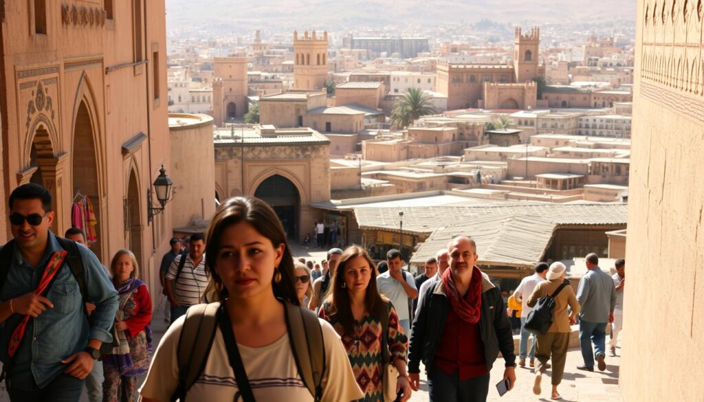 A bustling scene in the ancient Medina of Fez el Bali, Morocco. In the foreground, a tour guide leads a small group of tourists through the winding alleyways, their colorful garments and inquisitive expressions capturing the spirit of discovery. Middle ground showcases the iconic architecture of the Medina, with ornate archways, intricate tilework, and traditional marketplaces teeming with local artisans and merchants. The background reveals the stunning panorama of the historic city, bathed in warm, golden light casting a timeless, enchanting atmosphere. Crisp, high-resolution details, cinematic perspective, and a sense of immersive exploration.