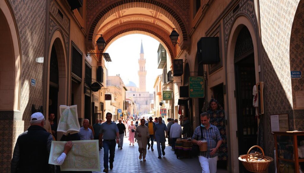 A bustling street in the historic Fes Medina, with intricate tiled facades lining the narrow alleys. Sunlight filters through the overhead archways, casting warm shadows on the cobblestoned ground. Locals navigate the winding paths, carrying baskets of spices and handcrafted goods. In the distance, the minaret of a grand mosque rises, providing a visual landmark for disoriented visitors. The air is filled with the aroma of freshly baked bread and the chatter of merchants haggling with customers. A map in hand, a curious explorer navigates this timeless labyrinth, immersed in the vibrant sights, sounds, and scents of this UNESCO World Heritage site. A bustling street in the historic Fes Medina, with intricate tiled facades lining the narrow alleys. Sunlight filters through the overhead archways, casting warm shadows on the cobblestoned ground. Locals navigate the winding paths, carrying baskets of spices and handcrafted goods. In the distance, the minaret of a grand mosque rises, providing a visual landmark for disoriented visitors. The air is filled with the aroma of freshly baked bread and the chatter of merchants haggling with customers. A map in hand, a curious explorer navigates this timeless labyrinth, immersed in the vibrant sights, sounds, and scents of this UNESCO World Heritage site.