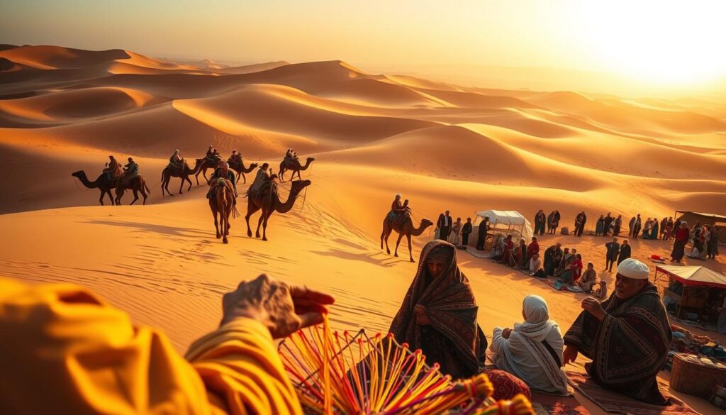 A caravan of camels traverses the undulating dunes of the Moroccan Sahara, carrying nomadic tribespeople and their colorful tents. In the foreground, a group of locals engage in traditional weaving, their hands deftly manipulating vibrant threads. The middle ground reveals a bustling encampment, where artisans showcase their handcrafted wares and elders share stories of their heritage. The warm, golden light of the setting sun casts a dreamlike glow over the scene, evoking the timeless allure of the desert. A wide-angle lens captures the vastness of the landscape, while a shallow depth of field draws the viewer's focus to the intimate cultural interactions.