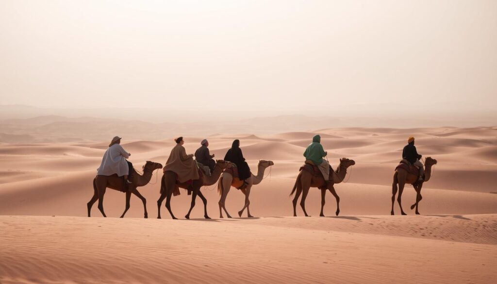A caravan of majestic camels trudges across the undulating sand dunes of the Marrakech Sahara Desert. In the foreground, a group of adventurous travelers sit atop the patient beasts, their robes billowing in the warm desert breeze. The middle ground reveals sweeping vistas of the arid landscape, with distant jagged peaks silhouetted against a hazy, sun-drenched sky. Shimmering heat haze blurs the horizon, evoking a sense of timelessness and the vast, untamed nature of this iconic North African wilderness. Subtle earth-toned hues and soft, diffused lighting create an atmospheric, almost dream-like quality, capturing the magical essence of this camel trekking experience in the heart of the Sahara. A caravan of majestic camels trudges across the undulating sand dunes of the Marrakech Sahara Desert. In the foreground, a group of adventurous travelers sit atop the patient beasts, their robes billowing in the warm desert breeze. The middle ground reveals sweeping vistas of the arid landscape, with distant jagged peaks silhouetted against a hazy, sun-drenched sky. Shimmering heat haze blurs the horizon, evoking a sense of timelessness and the vast, untamed nature of this iconic North African wilderness. Subtle earth-toned hues and soft, diffused lighting create an atmospheric, almost dream-like quality, capturing the magical essence of this camel trekking experience in the heart of the Sahara.