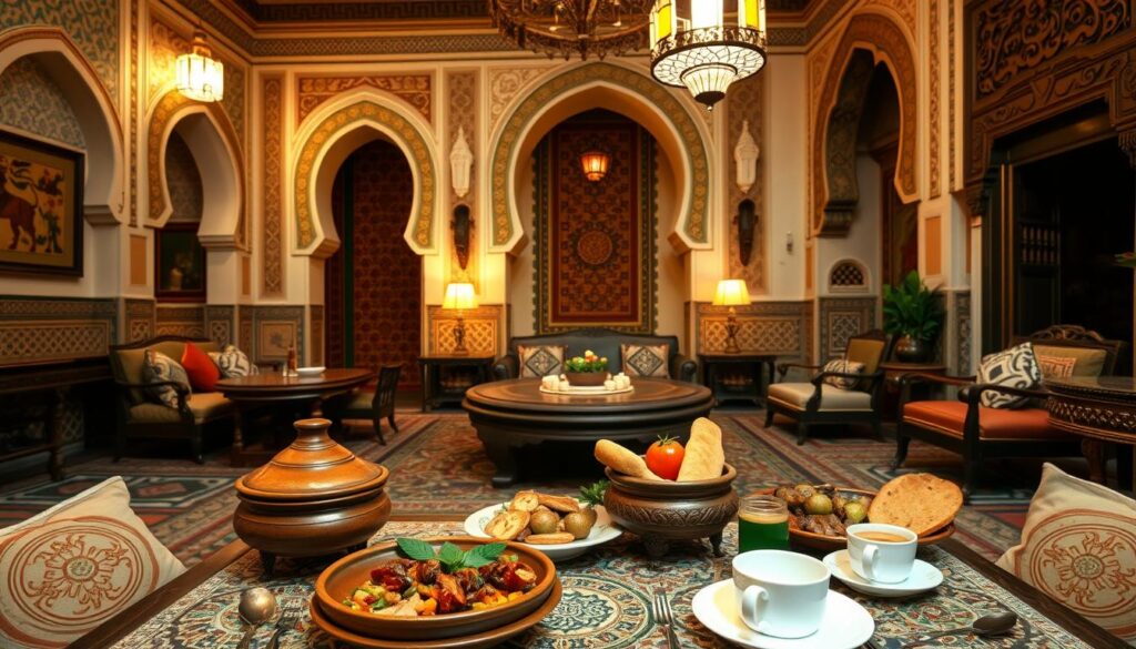 A cozy Moroccan dining room with intricate tile patterns, ornate light fixtures, and plush cushions. In the foreground, a table set with traditional clay tagine dishes, fresh mint tea, and an array of spiced meats, vegetables, and fresh breads. The middle ground features elegant arched doorways and ornate wooden furniture. The background showcases vibrant hand-woven rugs, ornamental alcoves, and intricately carved plaster walls. Warm, diffused lighting creates a welcoming, intimate atmosphere, evoking the rich cultural heritage and hospitality of Moroccan cuisine. A cozy Moroccan dining room with intricate tile patterns, ornate light fixtures, and plush cushions. In the foreground, a table set with traditional clay tagine dishes, fresh mint tea, and an array of spiced meats, vegetables, and fresh breads. The middle ground features elegant arched doorways and ornate wooden furniture. The background showcases vibrant hand-woven rugs, ornamental alcoves, and intricately carved plaster walls. Warm, diffused lighting creates a welcoming, intimate atmosphere, evoking the rich cultural heritage and hospitality of Moroccan cuisine.