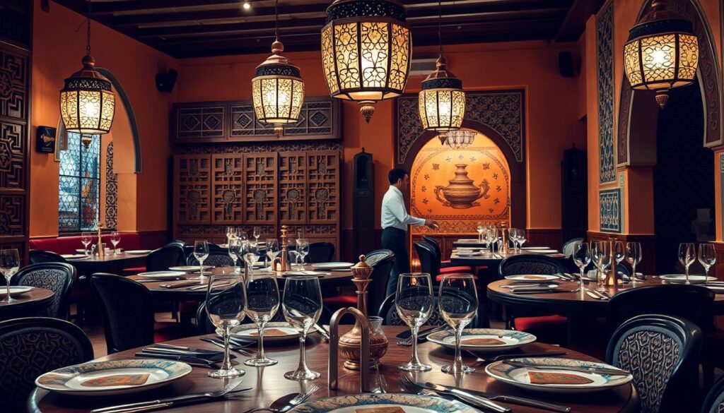 Un accogliente ristorante marocchino con toni caldi e terrosi. In primo piano, un tavolo splendidamente impostato con intricate piastre in ceramica, posate argentate scintillanti e vetreria decorata. Lanterne di ottone decorative si appendono sopra la testa, lanciando un bagliore morbido e ambientale. Nella via di mezzo, i server del tradizionale abbigliamento marocchino si muovono con grazia tra i tavoli, fornendo piatti a marcia profumata e tè alla menta. Lo sfondo presenta schermi in legno intagliato, tessuti colorati e lavoro di piastrelle decorate, immergendo la tavola calda nella ricca atmosfera culturale del Marocco. L'illuminazione morbida e diffusa crea un'atmosfera intima e invitante, preparando le basi per un'autentica esperienza culinaria marocchina. Un accogliente ristorante marocchino con toni caldi e terrosi. In primo piano, un tavolo splendidamente impostato con intricate piastre in ceramica, posate argentate scintillanti e vetreria decorata. Lanterne di ottone decorative si appendono sopra la testa, lanciando un bagliore morbido e ambientale. Nella via di mezzo, i server del tradizionale abbigliamento marocchino si muovono con grazia tra i tavoli, fornendo piatti a marcia profumata e tè alla menta. Lo sfondo presenta schermi in legno intagliato, tessuti colorati e lavoro di piastrelle decorate, immergendo la tavola calda nella ricca atmosfera culturale del Marocco. L'illuminazione morbida e diffusa crea un'atmosfera intima e invitante, preparando le basi per un'autentica esperienza culinaria marocchina.