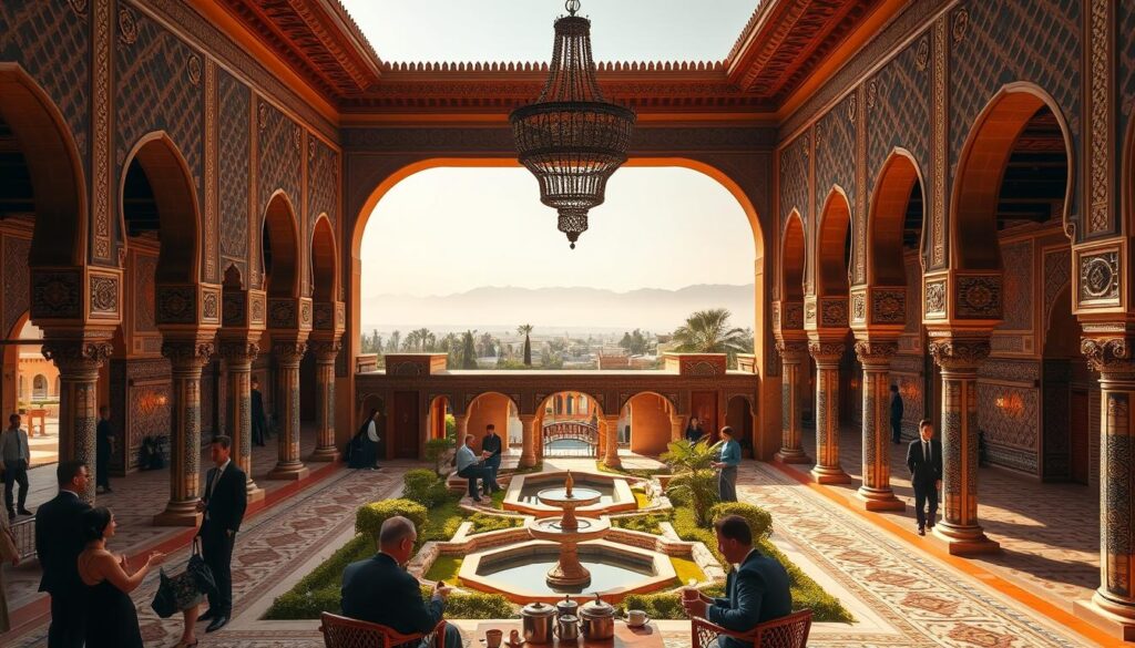 A grand, opulent Moroccan palace with intricate geometric tilework, ornate arched entryways, and vibrant colors. In the foreground, well-dressed guests sip mint tea and converse beneath ornate chandeliers. The middle ground features a tranquil courtyard with a central fountain, surrounded by lush greenery and carved stone columns. In the background, the hazy silhouettes of the Atlas Mountains create a majestic, serene backdrop. Warm, golden lighting filters through the space, evoking a sense of elegance and luxury. Capture the essence of a VIP Marrakech experience, a gateway to the royal splendor of Morocco. A grand, opulent Moroccan palace with intricate geometric tilework, ornate arched entryways, and vibrant colors. In the foreground, well-dressed guests sip mint tea and converse beneath ornate chandeliers. The middle ground features a tranquil courtyard with a central fountain, surrounded by lush greenery and carved stone columns. In the background, the hazy silhouettes of the Atlas Mountains create a majestic, serene backdrop. Warm, golden lighting filters through the space, evoking a sense of elegance and luxury. Capture the essence of a VIP Marrakech experience, a gateway to the royal splendor of Morocco.