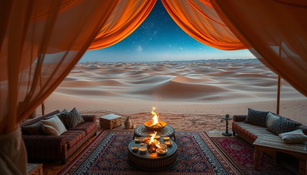 A grand, opulent Saharan campsite nestled amidst undulating dunes. In the foreground, a luxurious Berber-style tent with intricate woven textiles and elegant furnishings. Warm, golden light filters through the gauzy, billowing fabric. In the middle ground, a campfire crackles, surrounded by plush, patterned rugs and low tables laden with Moroccan delicacies. The background reveals a panoramic vista of the endless, rippling desert, painted in hues of ochre and sienna, under a dramatic, star-filled sky. A sense of tranquility and indulgence pervades the scene, inviting the viewer to experience the elegance and adventure of a luxury Sahara desert camping retreat.