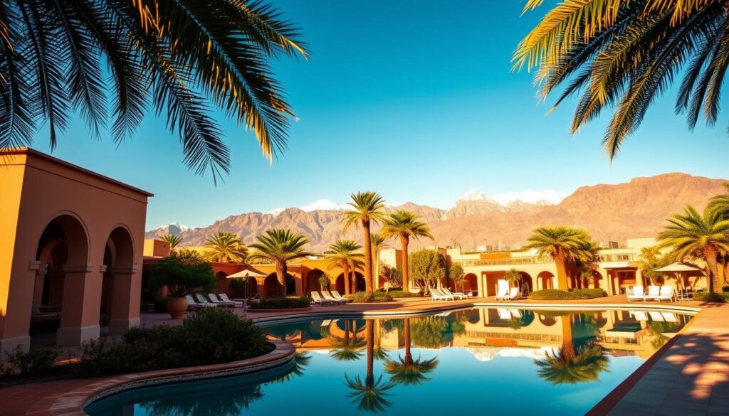 A lush oasis nestled against the majestic Atlas Mountains, the Marrakech Resort showcases the vibrant colors and rich culture of Morocco. In the foreground, a serene pool reflects the sun-dappled courtyard, its arched entryways and intricate tilework hinting at the Moorish architectural splendor within. The middle ground features palm trees swaying gently, their fronds casting playful shadows across the resort's elegant buildings. In the distance, the snow-capped peaks of the Atlas range rise majestically, their rugged grandeur contrasting with the resort's refined elegance. Warm, golden light suffuses the scene, evoking the sun-soaked tranquility of a Moroccan vacation. A wide-angle lens captures the full scope of this enchanting oasis, inviting the viewer to step into this dream-like realm of relaxation and adventure. A lush oasis nestled against the majestic Atlas Mountains, the Marrakech Resort showcases the vibrant colors and rich culture of Morocco. In the foreground, a serene pool reflects the sun-dappled courtyard, its arched entryways and intricate tilework hinting at the Moorish architectural splendor within. The middle ground features palm trees swaying gently, their fronds casting playful shadows across the resort's elegant buildings. In the distance, the snow-capped peaks of the Atlas range rise majestically, their rugged grandeur contrasting with the resort's refined elegance. Warm, golden light suffuses the scene, evoking the sun-soaked tranquility of a Moroccan vacation. A wide-angle lens captures the full scope of this enchanting oasis, inviting the viewer to step into this dream-like realm of relaxation and adventure.