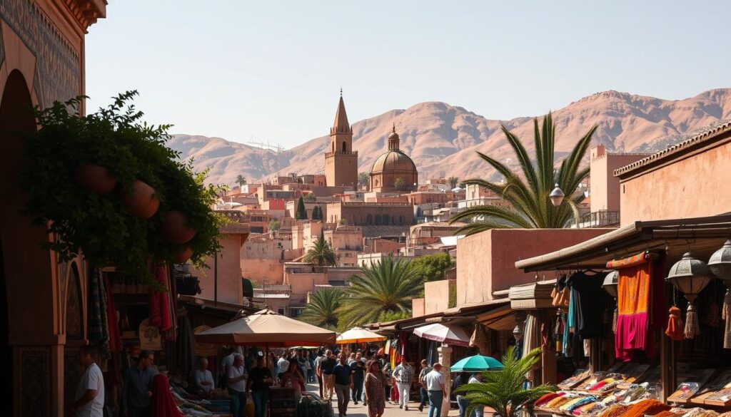 A lush, sun-drenched scene in the historic city of Fez, Morocco. In the foreground, a vibrant street market comes alive with vendors selling colorful textiles, spices, and artisanal crafts. Intricate tile patterns and ornate archways frame the bustling activity. In the middle ground, the iconic pointed roofs and minarets of Fez's ancient medina rise majestically, bathed in warm, golden light. The background showcases the rugged, ochre-hued hills that surround the city, creating a breathtaking natural backdrop. The overall atmosphere evokes the rich cultural heritage and timeless allure of Fez, the perfect setting to experience the best of Morocco's seasonal delights.