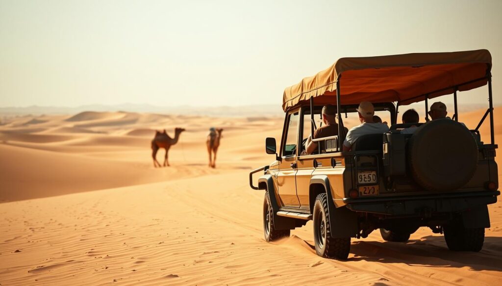 A rugged desert landscape, sun-baked dunes stretching endlessly. In the foreground, a sturdy 4x4 vehicle navigates the sandy terrain, its sturdy frame and knobby tires designed for the harshest environments. Passengers gaze out from the open-air cabin, shielded from the elements by a canvas canopy that casts warm, golden shadows. In the middle ground, a lone camel stands stoically, a traditional mode of desert transport. The background fades into a hazy horizon, where the boundless sky meets the undulating sand, creating a sense of limitless adventure. Warm, muted tones and dramatic shadows evoke the timeless, adventurous spirit of a Moroccan desert expedition. A rugged desert landscape, sun-baked dunes stretching endlessly. In the foreground, a sturdy 4x4 vehicle navigates the sandy terrain, its sturdy frame and knobby tires designed for the harshest environments. Passengers gaze out from the open-air cabin, shielded from the elements by a canvas canopy that casts warm, golden shadows. In the middle ground, a lone camel stands stoically, a traditional mode of desert transport. The background fades into a hazy horizon, where the boundless sky meets the undulating sand, creating a sense of limitless adventure. Warm, muted tones and dramatic shadows evoke the timeless, adventurous spirit of a Moroccan desert expedition.
