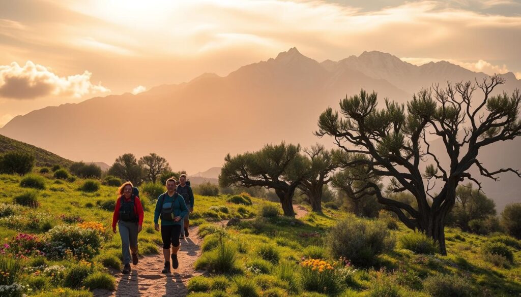 A rugged, snow-capped Atlas mountain range rises majestically in the background, bathed in warm, golden sunlight filtering through wispy clouds. In the middle ground, a well-trodden path winds through a lush, verdant landscape dotted with colorful wildflowers and ancient, twisted olive trees. In the foreground, a small group of trekkers, clad in hiking gear, navigates the trail, their faces filled with a sense of wonder and adventure. The scene conveys a mood of tranquility, discovery, and the allure of exploring Morocco's stunning natural beauty. A rugged, snow-capped Atlas mountain range rises majestically in the background, bathed in warm, golden sunlight filtering through wispy clouds. In the middle ground, a well-trodden path winds through a lush, verdant landscape dotted with colorful wildflowers and ancient, twisted olive trees. In the foreground, a small group of trekkers, clad in hiking gear, navigates the trail, their faces filled with a sense of wonder and adventure. The scene conveys a mood of tranquility, discovery, and the allure of exploring Morocco's stunning natural beauty.