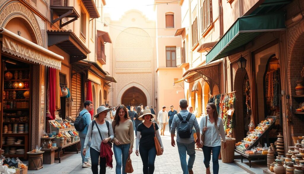 A small group of travelers exploring the winding alleyways and vibrant markets of a Moroccan medina. In the foreground, a group of 4-6 people dressed in comfortable, culturally-appropriate attire strolls through a bustling marketplace, taking in the sights, sounds, and aromas of spices, textiles, and handcrafted goods. The middle ground features the intricate architecture of the medina, with ornate doorways, tiled facades, and colorful awnings. In the background, the warm, hazy light of the Moroccan sun casts a golden glow over the scene, creating a sense of warmth and adventure. The overall mood is one of cultural immersion, discovery, and the intimate, authentic experience of traveling in a small group. A small group of travelers exploring the winding alleyways and vibrant markets of a Moroccan medina. In the foreground, a group of 4-6 people dressed in comfortable, culturally-appropriate attire strolls through a bustling marketplace, taking in the sights, sounds, and aromas of spices, textiles, and handcrafted goods. The middle ground features the intricate architecture of the medina, with ornate doorways, tiled facades, and colorful awnings. In the background, the warm, hazy light of the Moroccan sun casts a golden glow over the scene, creating a sense of warmth and adventure. The overall mood is one of cultural immersion, discovery, and the intimate, authentic experience of traveling in a small group.