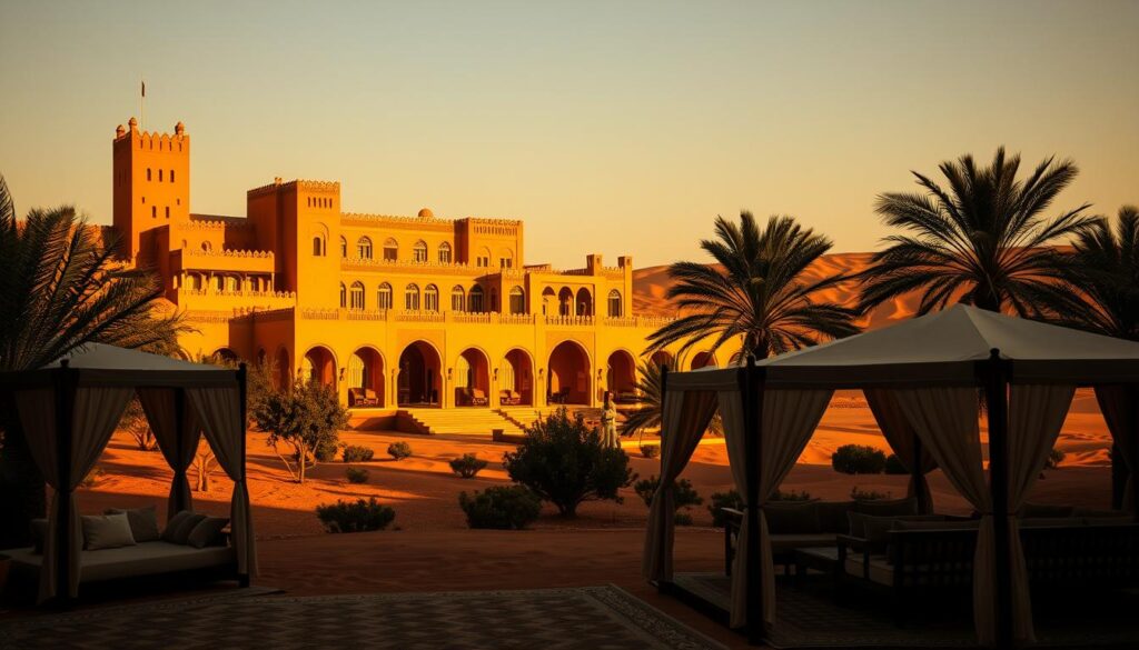 A sprawling Moroccan riad nestled in the heart of the Sahara Desert, its ornate arches and intricate tilework glowing under the warm desert sun. In the foreground, a luxurious tented camp with plush furnishings and dreamy canopies, inviting weary travelers to relax and soak in the tranquil atmosphere. Shadowy palm trees sway gently in the distance, hinting at the endless dunes beyond. The scene is suffused with a rich, golden light, creating a sense of timeless elegance and opulence. High-resolution, hyper-realistic, cinematic, award-winning photography. A sprawling Moroccan riad nestled in the heart of the Sahara Desert, its ornate arches and intricate tilework glowing under the warm desert sun. In the foreground, a luxurious tented camp with plush furnishings and dreamy canopies, inviting weary travelers to relax and soak in the tranquil atmosphere. Shadowy palm trees sway gently in the distance, hinting at the endless dunes beyond. The scene is suffused with a rich, golden light, creating a sense of timeless elegance and opulence. High-resolution, hyper-realistic, cinematic, award-winning photography.
