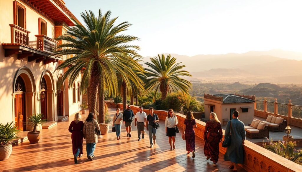 Una terrazza inclinata solare che si affaccia sulle montagne dell'Atlante, le palme lussureggianti ondeggiano nella brezza. In primo piano, una lussuosa villa con intricata architettura marocchina, le sue piastrelle ornate e i dettagli in legno intagliati che brillano. Oltre ad esso, una pensione più modesta con un fascino semplice e rustico. Entrambi offrono panorami mozzafiato delle dolci colline e vette lontane. L'illuminazione calda filtra attraverso la scena, lanciando un bagliore dorato. Un gruppo di viaggiatori, alcuni in caftani opulenti, altri in abbigliamento casual, passeggia lungo il percorso, trasmettendo il contrasto tra pacchetti di vacanze marocchi sontuosi e economici. L'atmosfera è di tranquillità, invitando lo spettatore a immaginarsi immersi nel ricco arazzo culturale di questa notevole destinazione. Una terrazza inclinata solare che si affaccia sulle montagne dell'Atlante, le palme lussureggianti ondeggiano nella brezza. In primo piano, una lussuosa villa con intricata architettura marocchina, le sue piastrelle ornate e i dettagli in legno intagliati che brillano. Oltre ad esso, una pensione più modesta con un fascino semplice e rustico. Entrambi offrono panorami mozzafiato delle dolci colline e vette lontane. L'illuminazione calda filtra attraverso la scena, lanciando un bagliore dorato. Un gruppo di viaggiatori, alcuni in caftani opulenti, altri in abbigliamento casual, passeggia lungo il percorso, trasmettendo il contrasto tra pacchetti di vacanze marocchi sontuosi e economici. L'atmosfera è di tranquillità, invitando lo spettatore a immaginarsi immersi nel ricco arazzo culturale di questa notevole destinazione.