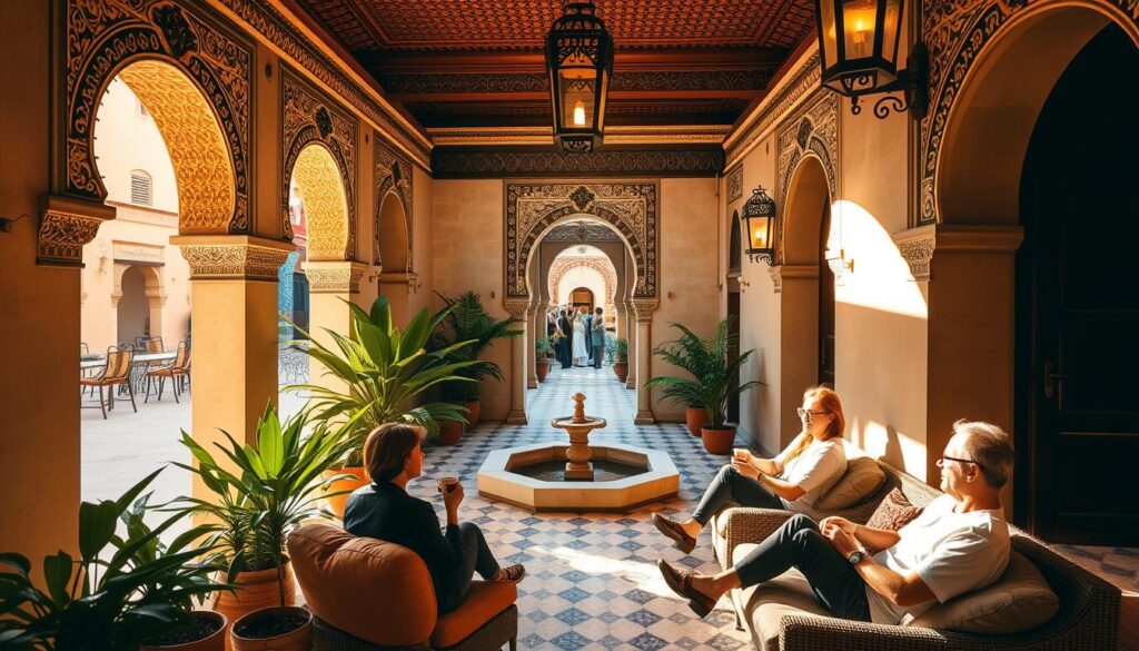 A tranquil Fes riad courtyard, bathed in warm, golden sunlight filtering through ornate carved archways. Intricate tilework and lush potted plants adorn the peaceful, shaded walkways surrounding a serene central fountain. Guests relax on plush cushions, sipping traditional Moroccan mint tea as they admire the stunning architectural details - ornate, carved wood ceilings, and ornamental brass lamps casting a soft, ambient glow. In the background, a glimpse of the bustling medina streets beyond the riad's serene walls, inviting visitors to explore the rich culture and history of ancient Fes. A tranquil Fes riad courtyard, bathed in warm, golden sunlight filtering through ornate carved archways. Intricate tilework and lush potted plants adorn the peaceful, shaded walkways surrounding a serene central fountain. Guests relax on plush cushions, sipping traditional Moroccan mint tea as they admire the stunning architectural details - ornate, carved wood ceilings, and ornamental brass lamps casting a soft, ambient glow. In the background, a glimpse of the bustling medina streets beyond the riad's serene walls, inviting visitors to explore the rich culture and history of ancient Fes.