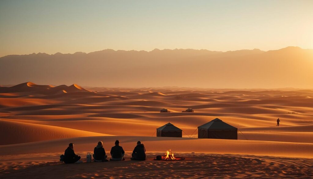 A vast expanse of golden dunes, bathed in the soft glow of the setting sun. In the foreground, a group of travelers sit around a crackling campfire, their silhouettes cast against the dramatic landscape. Shadowy tents dot the middle ground, their canvas walls billowing gently in the evening breeze. In the distance, the majestic Atlas Mountains rise, their snow-capped peaks creating a stunning contrast against the warm desert hues. The scene is infused with a sense of tranquility and adventure, inviting the viewer to experience the enchanting Marrakech desert camping adventure. A wide-angle lens captures the sweeping panorama, while natural lighting and a muted color palette evoke the serene atmosphere of this remote oasis. A vast expanse of golden dunes, bathed in the soft glow of the setting sun. In the foreground, a group of travelers sit around a crackling campfire, their silhouettes cast against the dramatic landscape. Shadowy tents dot the middle ground, their canvas walls billowing gently in the evening breeze. In the distance, the majestic Atlas Mountains rise, their snow-capped peaks creating a stunning contrast against the warm desert hues. The scene is infused with a sense of tranquility and adventure, inviting the viewer to experience the enchanting Marrakech desert camping adventure. A wide-angle lens captures the sweeping panorama, while natural lighting and a muted color palette evoke the serene atmosphere of this remote oasis.