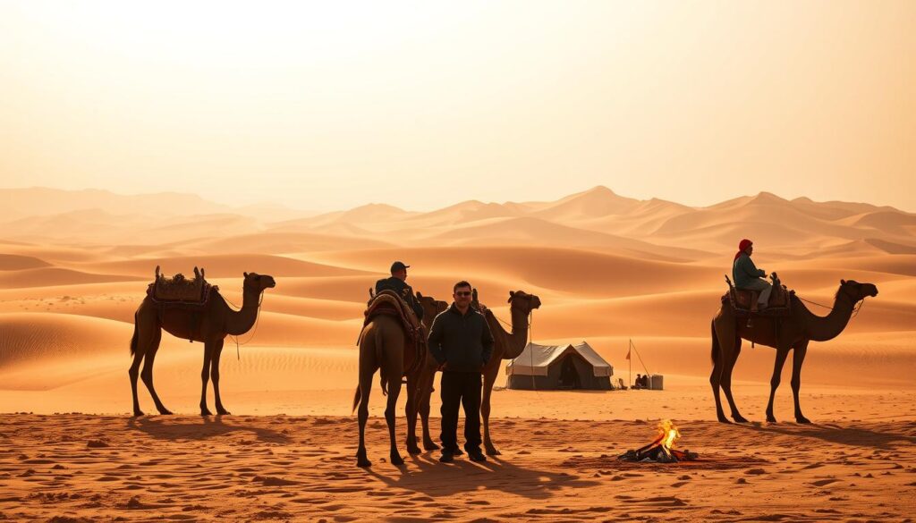 A vast expanse of golden dunes stretches out before a group of adventurers, their silhouettes standing tall against the warm, hazy sky. In the foreground, a caravan of camels patiently waits, their ornate saddles and harnesses gleaming in the soft, diffused sunlight. The middle ground reveals a small encampment, with traditional Berber tents and a crackling fire, hinting at the comforts and cultural immersion that awaits the travelers. In the distance, the majestic, undulating sand formations of the Sahara Desert create a mesmerizing backdrop, their shadows and contours sculpted by the ever-changing light. The scene evokes a sense of exploration, discovery, and the timeless allure of this iconic North African landscape. A vast expanse of golden dunes stretches out before a group of adventurers, their silhouettes standing tall against the warm, hazy sky. In the foreground, a caravan of camels patiently waits, their ornate saddles and harnesses gleaming in the soft, diffused sunlight. The middle ground reveals a small encampment, with traditional Berber tents and a crackling fire, hinting at the comforts and cultural immersion that awaits the travelers. In the distance, the majestic, undulating sand formations of the Sahara Desert create a mesmerizing backdrop, their shadows and contours sculpted by the ever-changing light. The scene evokes a sense of exploration, discovery, and the timeless allure of this iconic North African landscape.