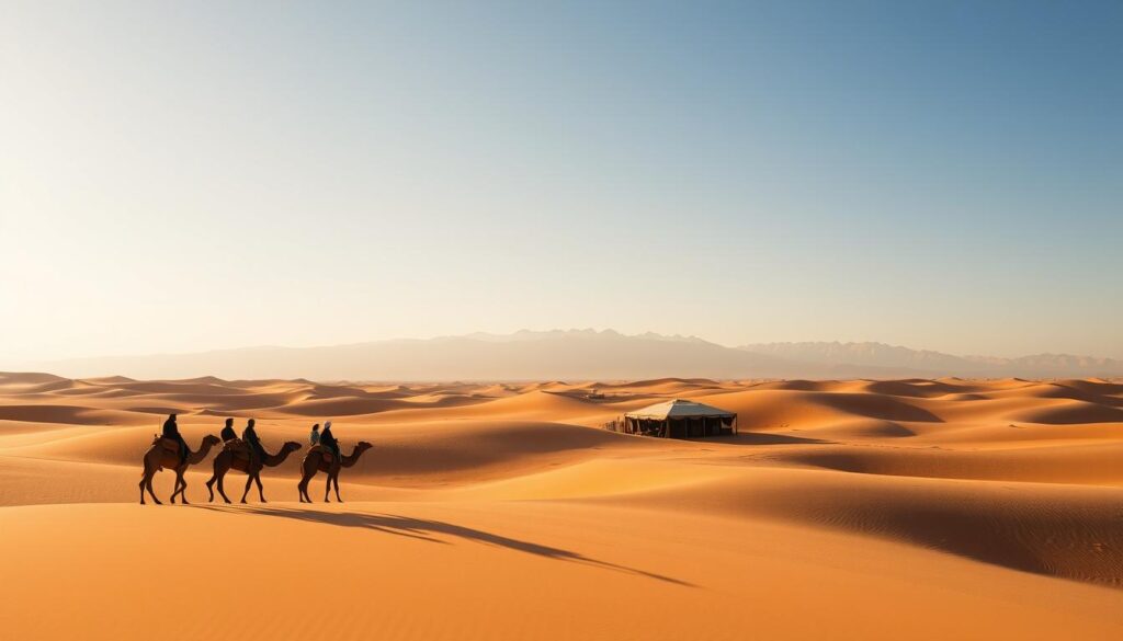 A vast expanse of golden dunes stretches out under a clear, azure sky. In the foreground, a group of travelers on camels traverse the undulating landscape, their silhouettes casting long shadows. The middle ground features a traditional Berber tent encampment, its colorful fabrics and rugs contrasting with the stark desert terrain. In the distance, majestic mountains rise up, their peaks capped with a dusting of snow. Warm, directional lighting casts a soft, golden glow over the scene, evoking the timeless, tranquil atmosphere of the Sahara. The overall composition conveys the sense of adventure and exploration that a private or shared Moroccan desert tour can offer.
