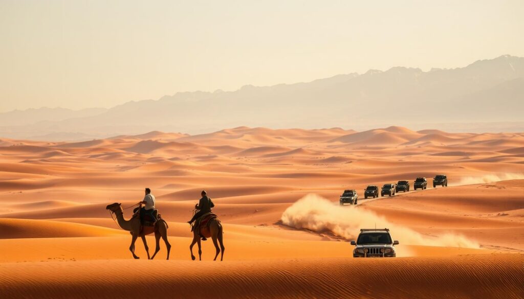 A vast expanse of golden dunes, undulating under the warm glow of the Saharan sun. In the foreground, a group of travelers atop sturdy camels, their silhouettes casting long shadows as they traverse the iconic landscape. In the middle ground, a caravan of off-road vehicles winds through the rugged terrain, kicking up clouds of rust-colored dust. In the distance, the majestic Atlas Mountains rise, their snow-capped peaks a stark contrast to the arid desert below. The scene is infused with a sense of adventure and exploration, capturing the essence of a Sahara Desert tour departing from the vibrant city of Marrakech.