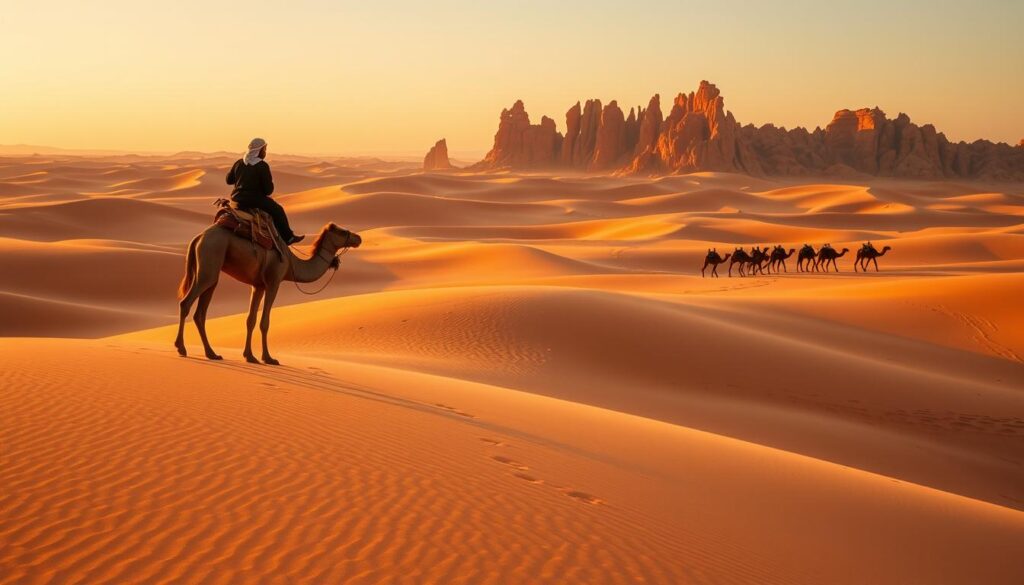 A vast expanse of undulating sand dunes in Marrakech's Saharan desert, bathed in the warm glow of the setting sun. In the foreground, a lone Berber guide stands atop a majestic camel, their silhouette framed against the distant horizon. The middle ground reveals a caravan of camels, their footprints etched into the fine, golden sand. In the background, jagged, ochre-hued rock formations rise up, casting long shadows that stretch across the dunes. The scene exudes a sense of tranquility and adventure, inviting the viewer to embark on a timeless desert exploration. A vast expanse of undulating sand dunes in Marrakech's Saharan desert, bathed in the warm glow of the setting sun. In the foreground, a lone Berber guide stands atop a majestic camel, their silhouette framed against the distant horizon. The middle ground reveals a caravan of camels, their footprints etched into the fine, golden sand. In the background, jagged, ochre-hued rock formations rise up, casting long shadows that stretch across the dunes. The scene exudes a sense of tranquility and adventure, inviting the viewer to embark on a timeless desert exploration.