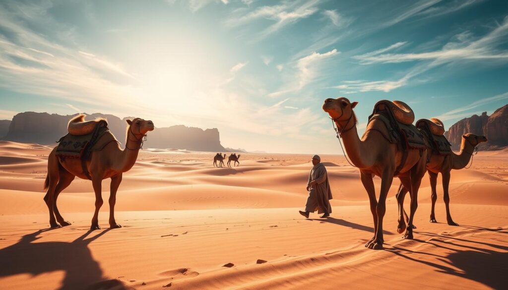 A vast, sun-drenched Moroccan desert landscape, with rolling dunes and towering, ochre-hued cliffs in the distance. In the foreground, a caravan of majestic, double-humped Bactrian camels, their patient gazes and lumbering gait conveying a sense of timeless, nomadic adventure. The camels' caramel-colored coats shimmer in the warm, golden light, casting long shadows across the rippling sands. A lone Berber guide, wrapped in traditional robes, leads the caravan, their figure silhouetted against the horizon. The sky overhead is a breathtaking expanse of azure, with wispy cirrus clouds drifting lazily. An aura of tranquility and wonder pervades the scene, inviting the viewer to experience the magic of Moroccan camel trekking. A vast, sun-drenched Moroccan desert landscape, with rolling dunes and towering, ochre-hued cliffs in the distance. In the foreground, a caravan of majestic, double-humped Bactrian camels, their patient gazes and lumbering gait conveying a sense of timeless, nomadic adventure. The camels' caramel-colored coats shimmer in the warm, golden light, casting long shadows across the rippling sands. A lone Berber guide, wrapped in traditional robes, leads the caravan, their figure silhouetted against the horizon. The sky overhead is a breathtaking expanse of azure, with wispy cirrus clouds drifting lazily. An aura of tranquility and wonder pervades the scene, inviting the viewer to experience the magic of Moroccan camel trekking.