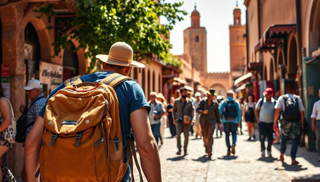 Una vibrante scena di strada marocchina, con particolare attenzione alla sicurezza e ai consigli di viaggio. In primo piano, un viaggiatore naviga nella vivace Medina, trasportando uno zaino robusto e indossando attrezzatura protettiva al sole. Nella via di mezzo, i locali dimostrano precauzioni di buon senso, come garantire oggetti di valore e rimanere vigili. Lo sfondo mette in mostra l'architettura iconica di Marrakech, con minerari e intricati piastrelle bagnate in luce calda e dorata. La composizione generale trasmette un senso di immersione culturale, equilibrato con un'enfasi sull'esplorazione responsabile e preparata. Una vibrante scena di strada marocchina, con particolare attenzione alla sicurezza e ai consigli di viaggio. In primo piano, un viaggiatore naviga nella vivace Medina, trasportando uno zaino robusto e indossando attrezzatura protettiva al sole. Nella via di mezzo, i locali dimostrano precauzioni di buon senso, come garantire oggetti di valore e rimanere vigili. Lo sfondo mette in mostra l'architettura iconica di Marrakech, con minerari e intricati piastrelle bagnate in luce calda e dorata. La composizione generale trasmette un senso di immersione culturale, equilibrato con un'enfasi sull'esplorazione responsabile e preparata.