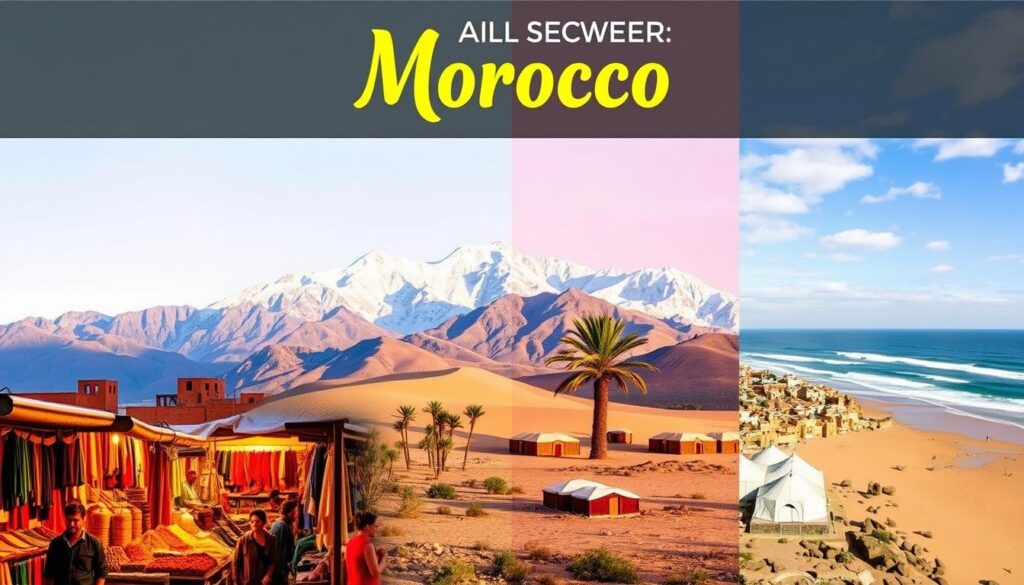 A vibrant collage showcasing the distinct travel seasons of Morocco. In the foreground, a bustling souk in Marrakech with vendors selling colorful textiles and spices under warm, golden lighting. In the middle ground, the majestic Atlas Mountains blanketed in snow, reflecting the winter season. Transitioning to the background, a serene desert oasis with palm trees and a traditional Berber camp, capturing the tranquility of spring. Complementing the scene, a coastal town along the Atlantic, waves crashing against the rocky shoreline, representing the lively summer months. The image conveys the diverse climates and experiences that make Morocco an alluring year-round destination. A vibrant collage showcasing the distinct travel seasons of Morocco. In the foreground, a bustling souk in Marrakech with vendors selling colorful textiles and spices under warm, golden lighting. In the middle ground, the majestic Atlas Mountains blanketed in snow, reflecting the winter season. Transitioning to the background, a serene desert oasis with palm trees and a traditional Berber camp, capturing the tranquility of spring. Complementing the scene, a coastal town along the Atlantic, waves crashing against the rocky shoreline, representing the lively summer months. The image conveys the diverse climates and experiences that make Morocco an alluring year-round destination.