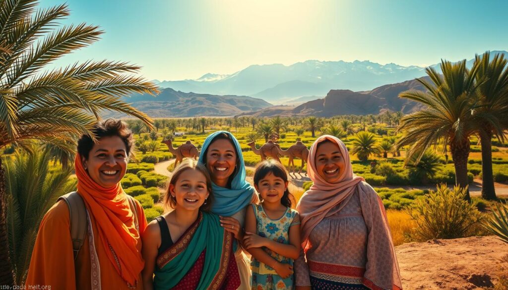 A vibrant family adventure in the heart of Morocco. A sun-drenched scene of a Berber family exploring lush oases, traversing rugged Atlas Mountains, and interacting with local artisans. In the foreground, a group of smiling parents and children dressed in colorful traditional attire, capturing precious moments together. The middle ground features a tranquil palm-lined oasis, where a camel caravan winds through a verdant landscape. In the distance, the majestic snow-capped peaks of the Atlas range loom, casting a warm, golden glow over the entire scene. Soft natural lighting, a wide-angle lens, and a cinematic composition create a sense of warmth, wonder, and cultural immersion, inviting the viewer to imagine themselves as part of this unforgettable Moroccan family vacation. A vibrant family adventure in the heart of Morocco. A sun-drenched scene of a Berber family exploring lush oases, traversing rugged Atlas Mountains, and interacting with local artisans. In the foreground, a group of smiling parents and children dressed in colorful traditional attire, capturing precious moments together. The middle ground features a tranquil palm-lined oasis, where a camel caravan winds through a verdant landscape. In the distance, the majestic snow-capped peaks of the Atlas range loom, casting a warm, golden glow over the entire scene. Soft natural lighting, a wide-angle lens, and a cinematic composition create a sense of warmth, wonder, and cultural immersion, inviting the viewer to imagine themselves as part of this unforgettable Moroccan family vacation.
