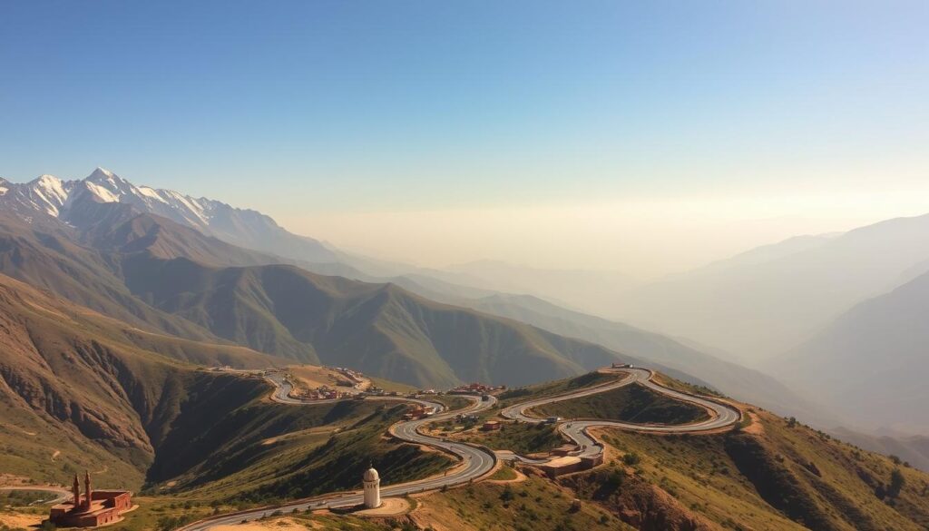 A winding, serpentine road winds through the majestic Atlas Mountains, cutting through breathtaking landscapes. In the foreground, rugged, snow-capped peaks rise dramatically, their jagged edges silhouetted against a clear, azure sky. In the middle ground, the road snakes through lush, verdant valleys dotted with traditional Berber villages, their earthen houses and mosques blending seamlessly with the surrounding terrain. In the distance, the mountains fade into hazy, atmospheric layers, creating a sense of depth and scale. The lighting is soft and diffused, casting a warm, golden glow over the scene, evoking a sense of tranquility and wonder. The entire composition is captured through a wide-angle lens, emphasizing the grandeur and vastness of this scenic mountain crossing. Marrakech to Sahara Desert Tours