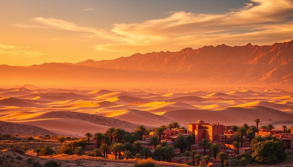 Paesaggio drammatico marocchino a Golden Hour, con robuste montagne di atlas sullo sfondo lontano, dune di sabbia rotolanti nel terreno di mezzo e un vibrante villaggio berbero incastonato tra le palme in primo piano. Colori caldi e saturi in tutto, con illuminazione morbida direzionale che lancia ombre lunghe. Le lenti grandangolari cattura la scena espansiva e impressionante. Trasmette un senso di avventura, ricchezza culturale e serena bellezza naturale caratteristica di un tour culturale e avventura del Marocco. Paesaggio drammatico marocchino a Golden Hour, con robuste montagne di atlas sullo sfondo lontano, dune di sabbia rotolanti nel terreno di mezzo e un vibrante villaggio berbero incastonato tra le palme in primo piano. Colori caldi e saturi in tutto, con illuminazione morbida direzionale che lancia ombre lunghe. Le lenti grandangolari cattura la scena espansiva e impressionante. Trasmette un senso di avventura, ricchezza culturale e serena bellezza naturale caratteristica di un tour culturale e avventura del Marocco.