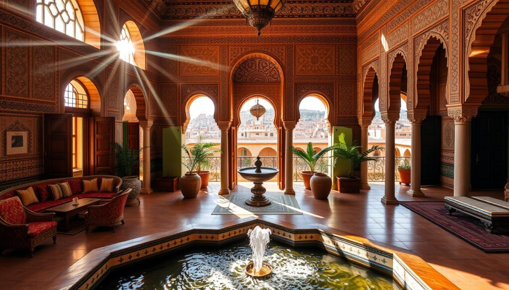 Ampia Riad marocchino con intricate opere di piastrelle, archi graziosi e cortile centrale lussureggiante. La luce del sole calda filtra attraverso le finestre decorate, i motivi di fusione sui tessuti riccamente colorati e gli arredi in legno lucido. In primo piano, una fontana serena bolle pacificamente. La via di mezzo mette in mostra l'architettura marocchina tradizionale: porte decorate, piastrelle intricate e intonaci intagliati. Lo sfondo rivela una vista panoramica della vivace Medina oltre le pareti del Riad, accennando alla vivacità culturale in attesa di viaggiatori. Questa immagine evoca l'opulente e accogliente ambiente di alloggi del Marocco premium. Ampia Riad marocchino con intricate opere di piastrelle, archi graziosi e cortile centrale lussureggiante. La luce del sole calda filtra attraverso le finestre decorate, i motivi di fusione sui tessuti riccamente colorati e gli arredi in legno lucido. In primo piano, una fontana serena bolle pacificamente. La via di mezzo mette in mostra l'architettura marocchina tradizionale: porte decorate, piastrelle intricate e intonaci intagliati. Lo sfondo rivela una vista panoramica della vivace Medina oltre le pareti del Riad, accennando alla vivacità culturale in attesa di viaggiatori. Questa immagine evoca l'opulente e accogliente ambiente di alloggi del Marocco premium.
