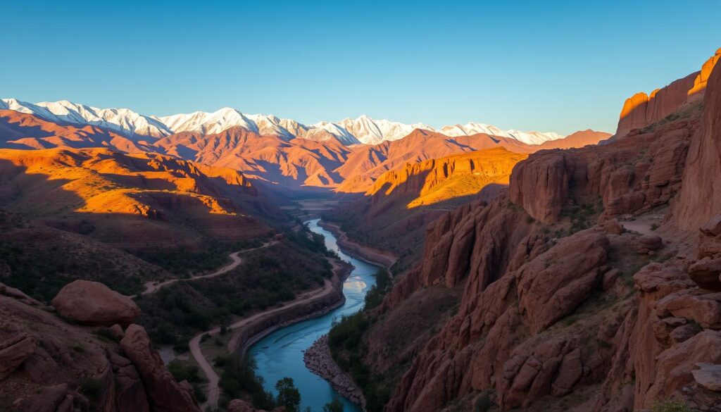 Majestic Atlas Mountains, with snow-capped peaks reaching towards the heavens. Rugged, weathered slopes dotted with verdant forests and winding, dusty trails. A serene, meandering river cuts through the valley, its glistening waters reflecting the warm, golden light of the setting sun. Dramatic rock formations and deep gorges frame the scene, evoking a sense of timeless, untamed beauty. The air is crisp and clean, hinting at the adventure and exploration that awaits. This breathtaking landscape invites the viewer to embark on a captivating journey through the heart of Morocco's natural wonders. Majestic Atlas Mountains, with snow-capped peaks reaching towards the heavens. Rugged, weathered slopes dotted with verdant forests and winding, dusty trails. A serene, meandering river cuts through the valley, its glistening waters reflecting the warm, golden light of the setting sun. Dramatic rock formations and deep gorges frame the scene, evoking a sense of timeless, untamed beauty. The air is crisp and clean, hinting at the adventure and exploration that awaits. This breathtaking landscape invites the viewer to embark on a captivating journey through the heart of Morocco's natural wonders.