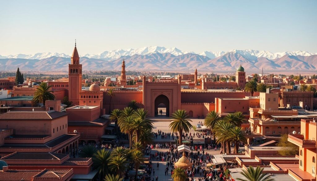 Panoramic vista of Morocco's iconic imperial cities, bathed in warm, golden light. In the foreground, the grand, ornate architecture of Marrakech's historic Jemaa el-Fnaa square, bustling with vibrant marketplaces and towering minarets. In the middle ground, the striking pink-hued walls of Meknes' Bab Mansour gate, framed by lush palm trees. In the distant background, the snow-capped peaks of the Atlas Mountains rise majestically, creating a breathtaking contrast. Captured through a wide-angle lens, this cinematic scene evokes the timeless, enchanting atmosphere of Morocco's imperial heritage. Panoramic vista of Morocco's iconic imperial cities, bathed in warm, golden light. In the foreground, the grand, ornate architecture of Marrakech's historic Jemaa el-Fnaa square, bustling with vibrant marketplaces and towering minarets. In the middle ground, the striking pink-hued walls of Meknes' Bab Mansour gate, framed by lush palm trees. In the distant background, the snow-capped peaks of the Atlas Mountains rise majestically, creating a breathtaking contrast. Captured through a wide-angle lens, this cinematic scene evokes the timeless, enchanting atmosphere of Morocco's imperial heritage.